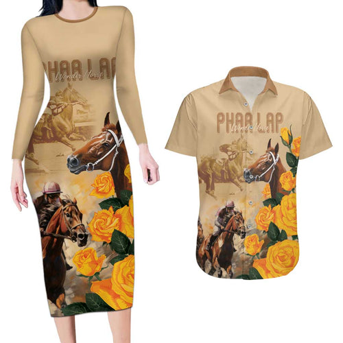 Personalised Melbourne Horse Racing Couples Matching Long Sleeve Bodycon Dress and Hawaiian Shirt Australia Wonder Horse
