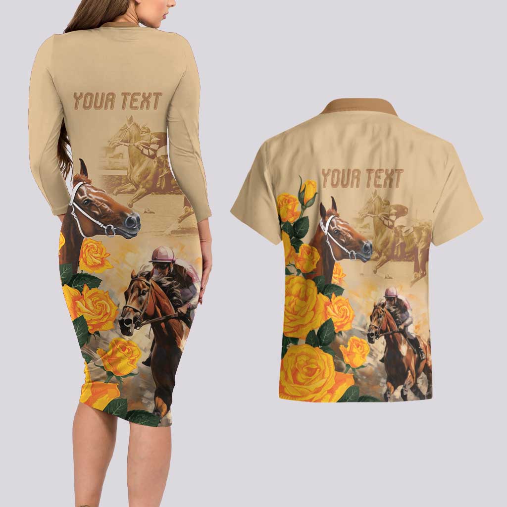 Personalised Melbourne Horse Racing Couples Matching Long Sleeve Bodycon Dress and Hawaiian Shirt Australia Wonder Horse