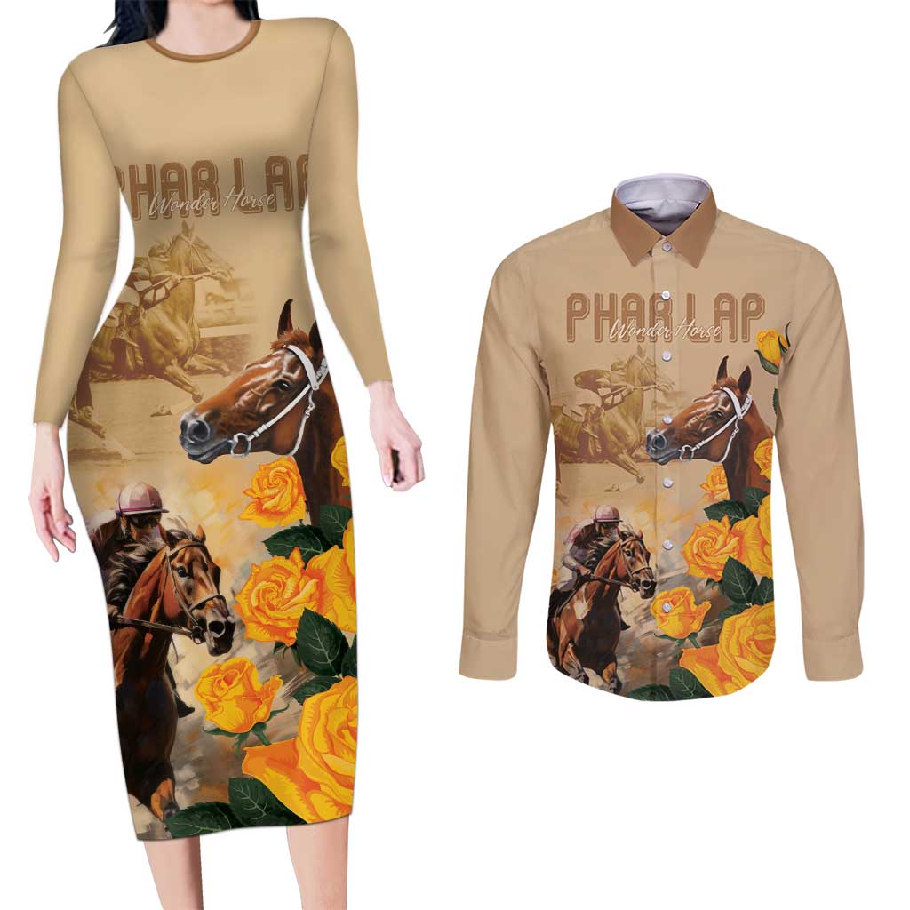 Personalised Melbourne Horse Racing Couples Matching Long Sleeve Bodycon Dress and Long Sleeve Button Shirt Australia Wonder Horse