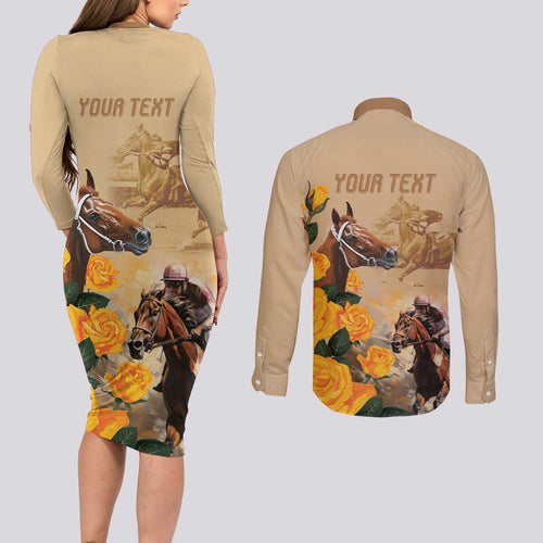 Personalised Melbourne Horse Racing Couples Matching Long Sleeve Bodycon Dress and Long Sleeve Button Shirt Australia Wonder Horse