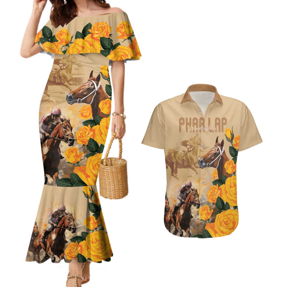 Personalised Melbourne Horse Racing Couples Matching Mermaid Dress and Hawaiian Shirt Australia Wonder Horse
