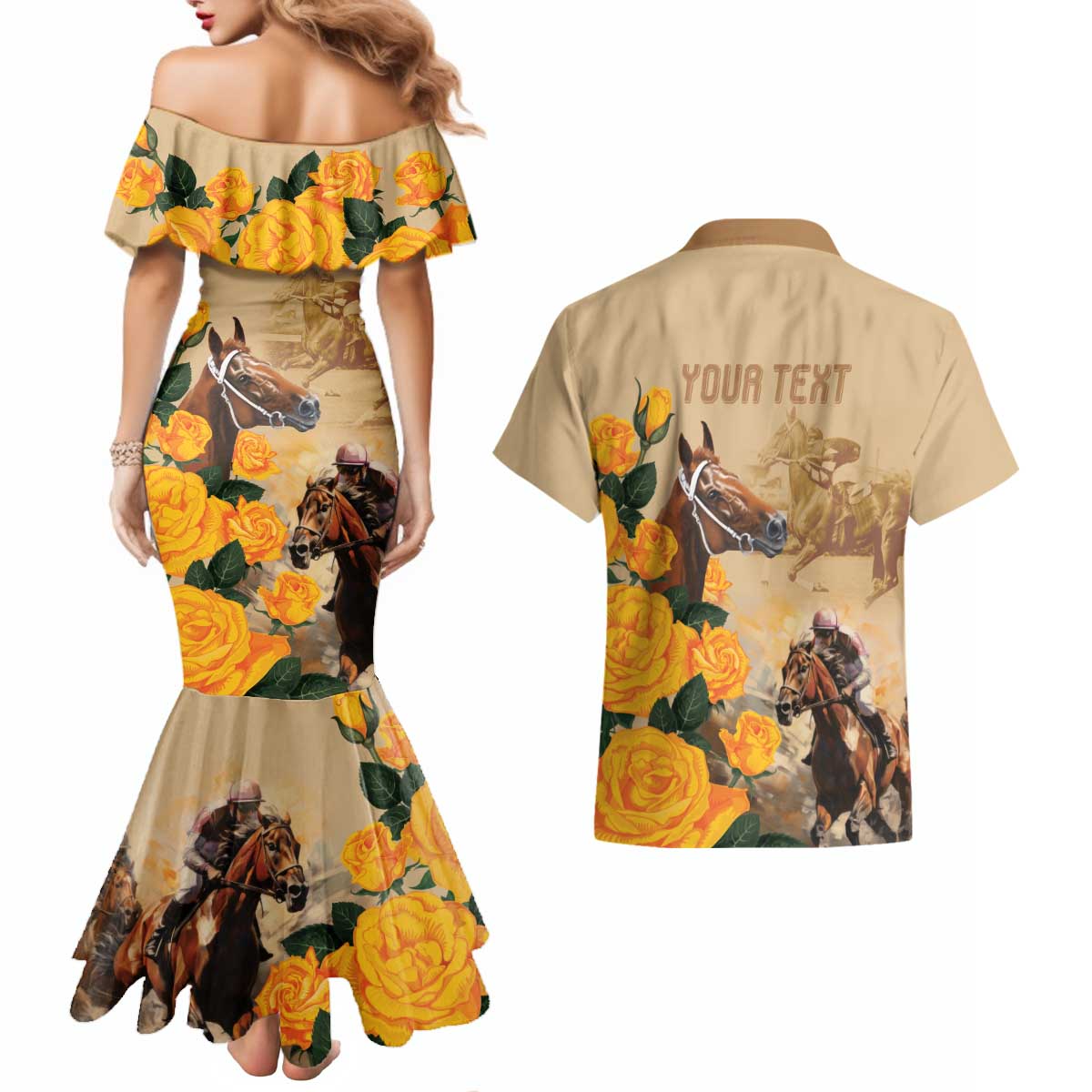 Personalised Melbourne Horse Racing Couples Matching Mermaid Dress and Hawaiian Shirt Australia Wonder Horse