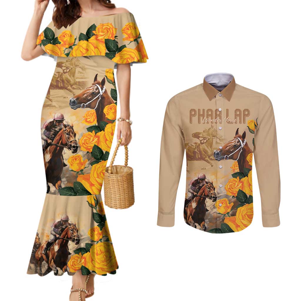 Personalised Melbourne Horse Racing Couples Matching Mermaid Dress and Long Sleeve Button Shirt Australia Wonder Horse