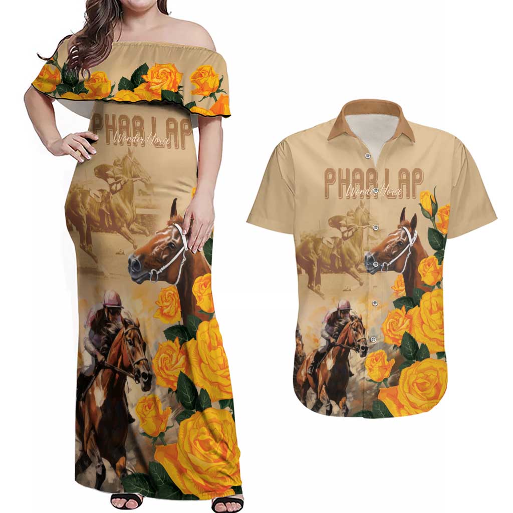 Personalised Melbourne Horse Racing Couples Matching Off Shoulder Maxi Dress and Hawaiian Shirt Australia Wonder Horse