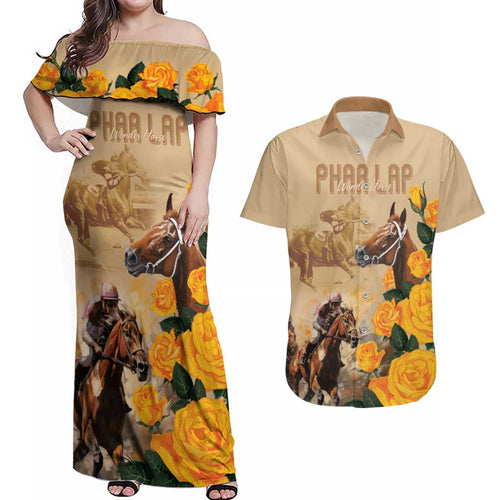 Personalised Melbourne Horse Racing Couples Matching Off Shoulder Maxi Dress and Hawaiian Shirt Australia Wonder Horse