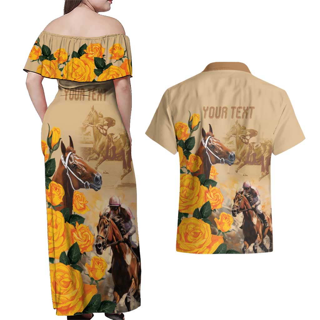 Personalised Melbourne Horse Racing Couples Matching Off Shoulder Maxi Dress and Hawaiian Shirt Australia Wonder Horse