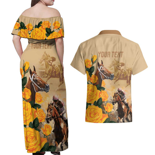 Personalised Melbourne Horse Racing Couples Matching Off Shoulder Maxi Dress and Hawaiian Shirt Australia Wonder Horse