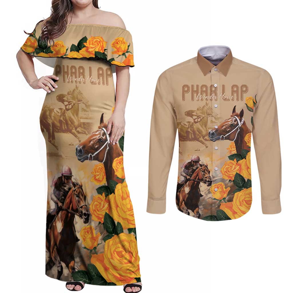 Personalised Melbourne Horse Racing Couples Matching Off Shoulder Maxi Dress and Long Sleeve Button Shirt Australia Wonder Horse