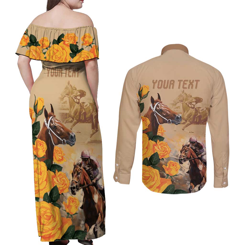 Personalised Melbourne Horse Racing Couples Matching Off Shoulder Maxi Dress and Long Sleeve Button Shirt Australia Wonder Horse