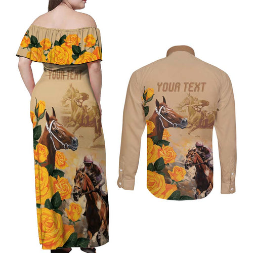 Personalised Melbourne Horse Racing Couples Matching Off Shoulder Maxi Dress and Long Sleeve Button Shirt Australia Wonder Horse