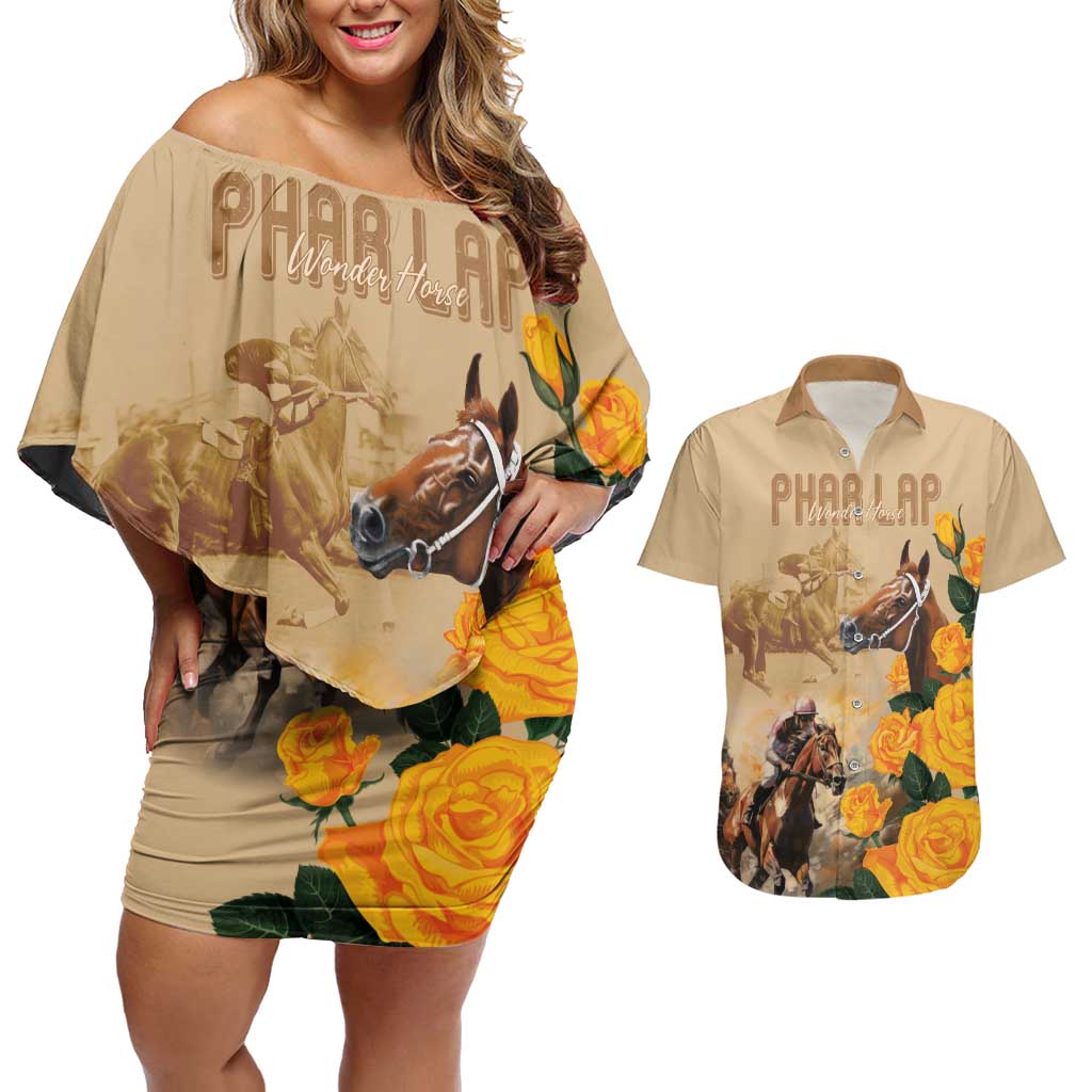 Personalised Melbourne Horse Racing Couples Matching Off Shoulder Short Dress and Hawaiian Shirt Australia Wonder Horse