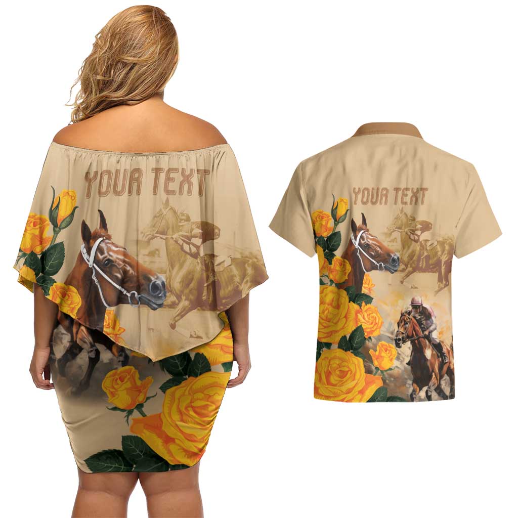 Personalised Melbourne Horse Racing Couples Matching Off Shoulder Short Dress and Hawaiian Shirt Australia Wonder Horse