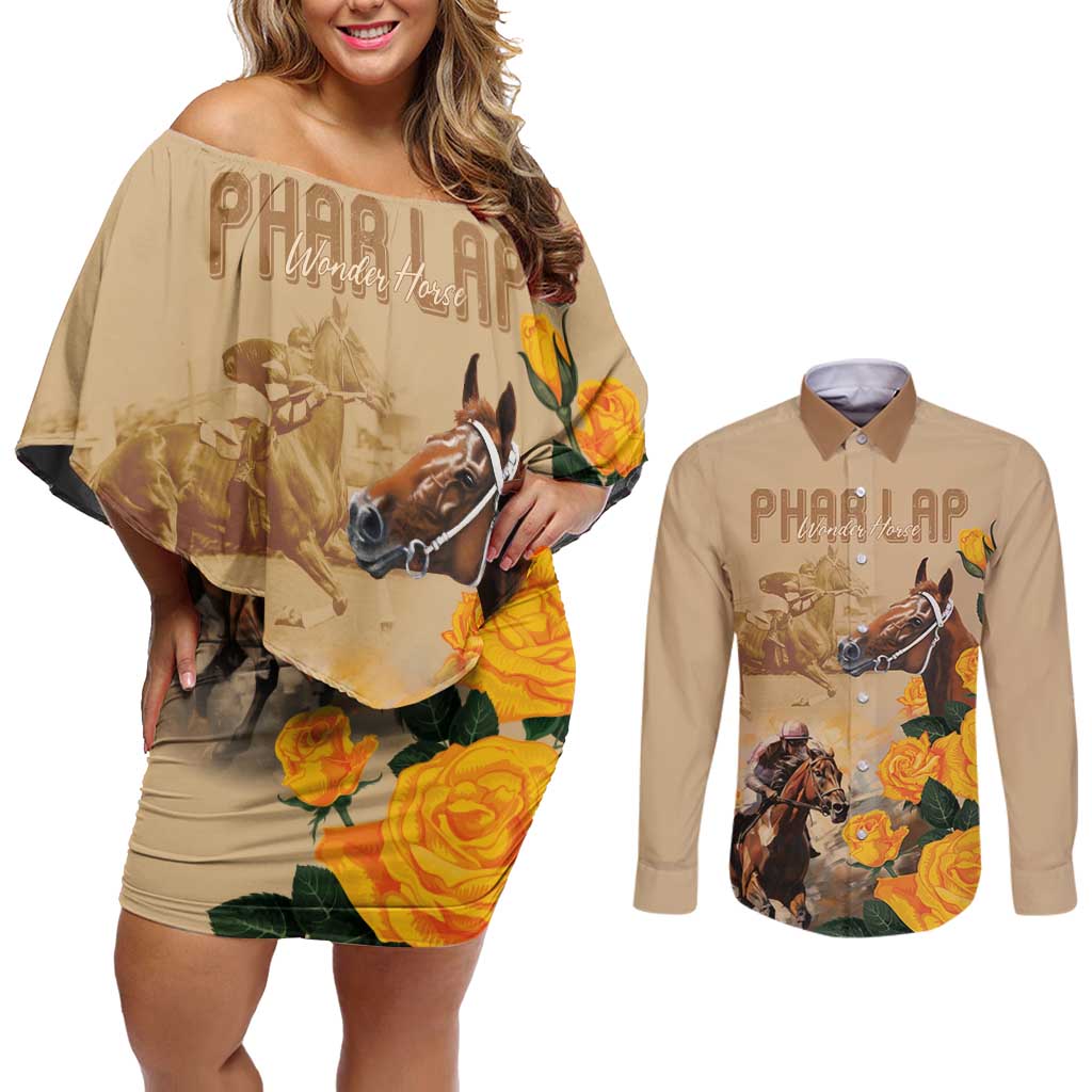 Personalised Melbourne Horse Racing Couples Matching Off Shoulder Short Dress and Long Sleeve Button Shirt Australia Wonder Horse