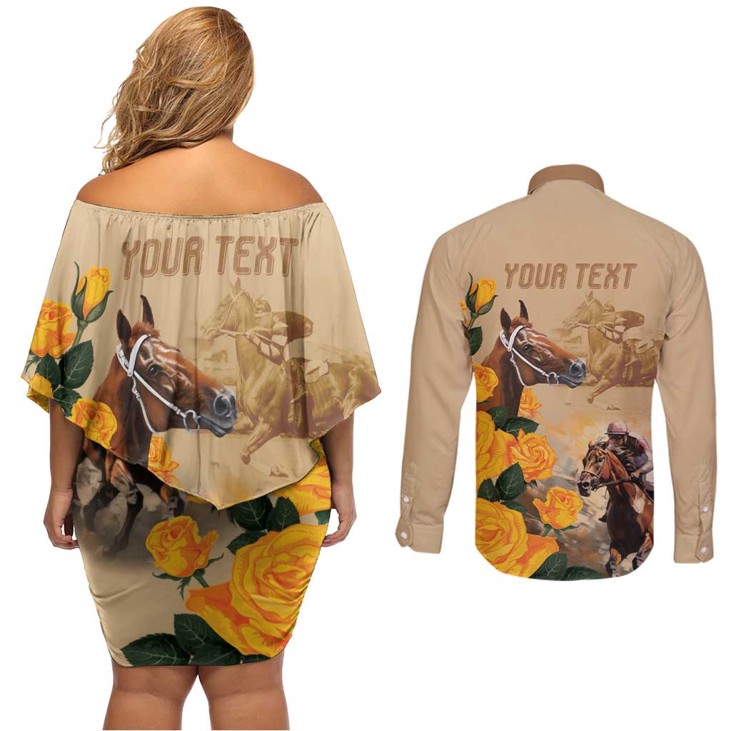 Personalised Melbourne Horse Racing Couples Matching Off Shoulder Short Dress and Long Sleeve Button Shirt Australia Wonder Horse