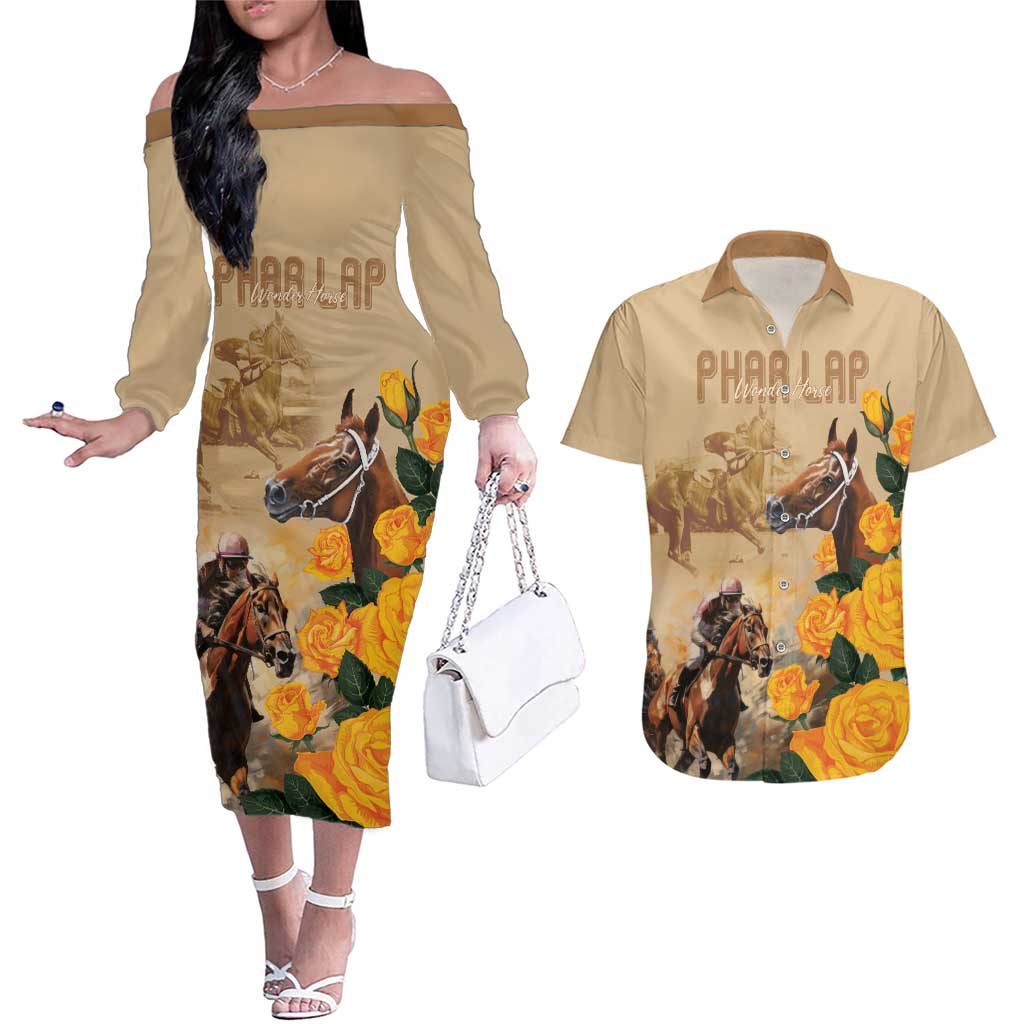 Personalised Melbourne Horse Racing Couples Matching Off The Shoulder Long Sleeve Dress and Hawaiian Shirt Australia Wonder Horse