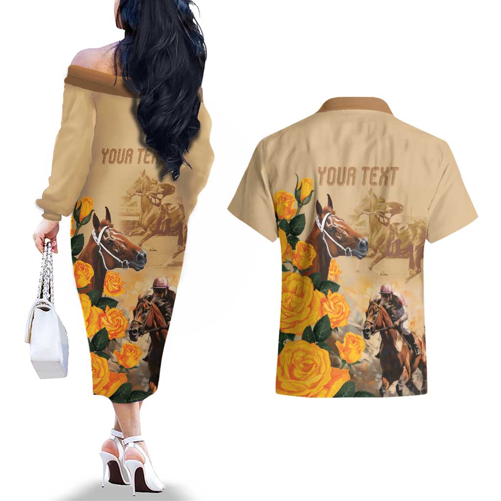 Personalised Melbourne Horse Racing Couples Matching Off The Shoulder Long Sleeve Dress and Hawaiian Shirt Australia Wonder Horse