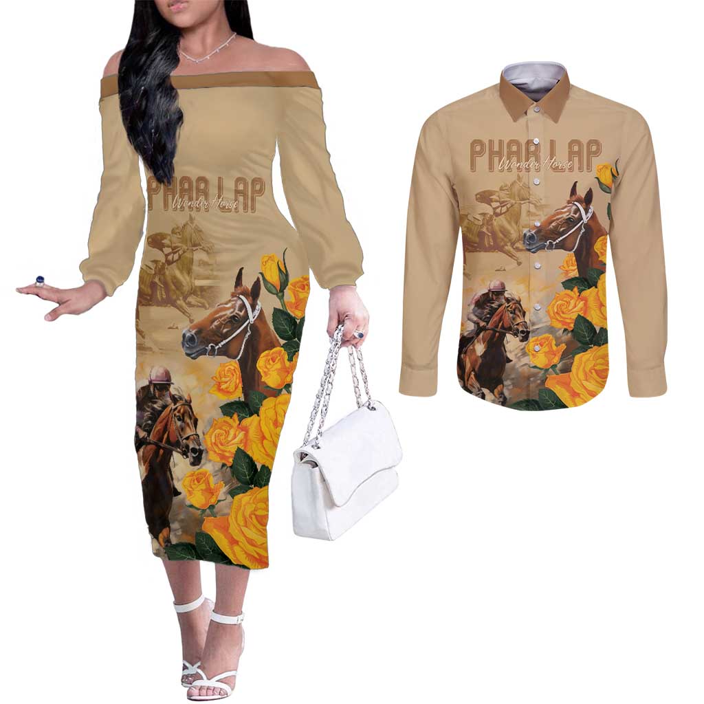 Personalised Melbourne Horse Racing Couples Matching Off The Shoulder Long Sleeve Dress and Long Sleeve Button Shirt Australia Wonder Horse