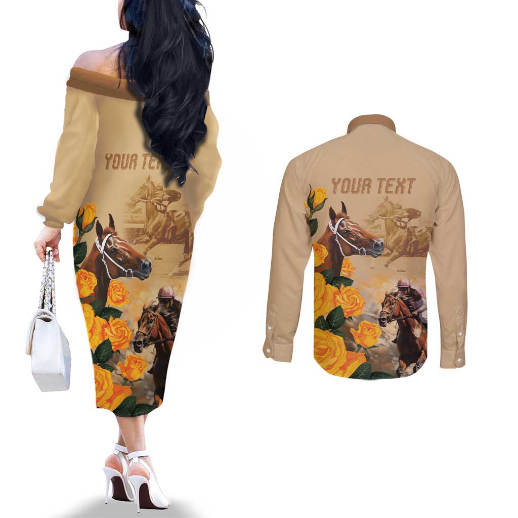 Personalised Melbourne Horse Racing Couples Matching Off The Shoulder Long Sleeve Dress and Long Sleeve Button Shirt Australia Wonder Horse