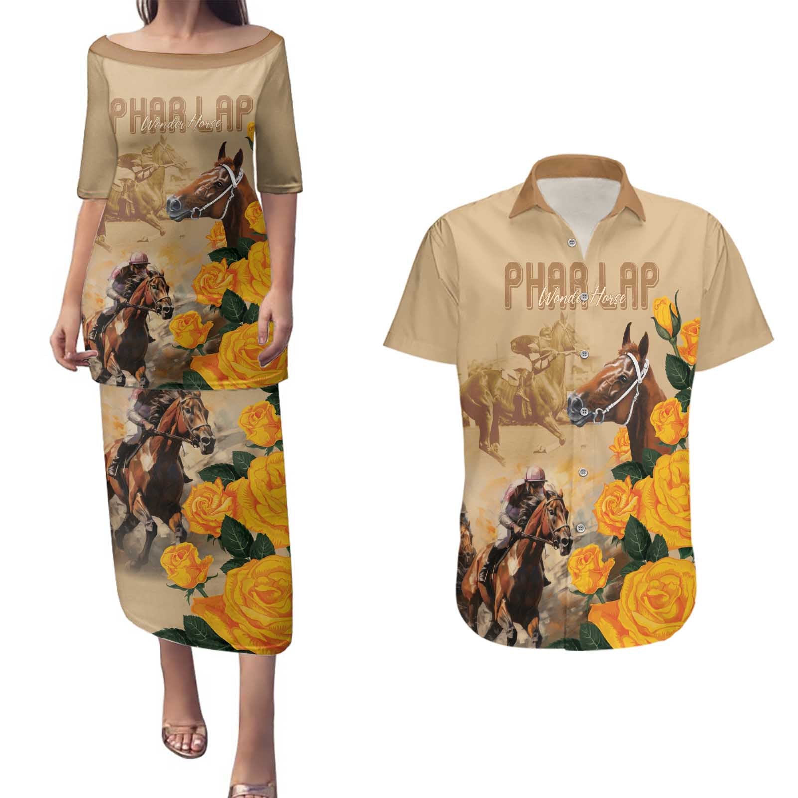 Personalised Melbourne Horse Racing Couples Matching Puletasi and Hawaiian Shirt Australia Wonder Horse