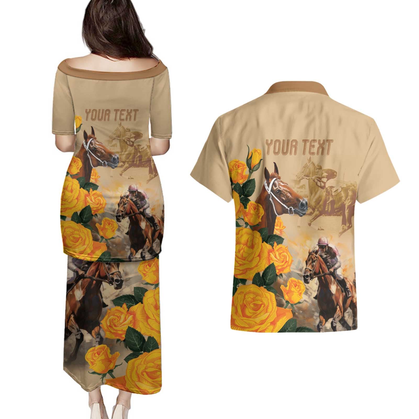 Personalised Melbourne Horse Racing Couples Matching Puletasi and Hawaiian Shirt Australia Wonder Horse