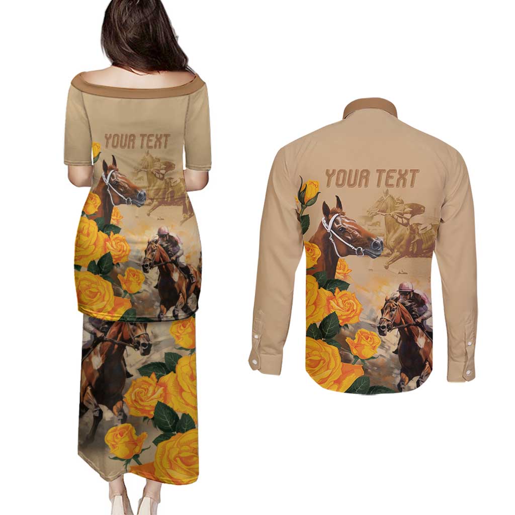 Personalised Melbourne Horse Racing Couples Matching Puletasi and Long Sleeve Button Shirt Australia Wonder Horse