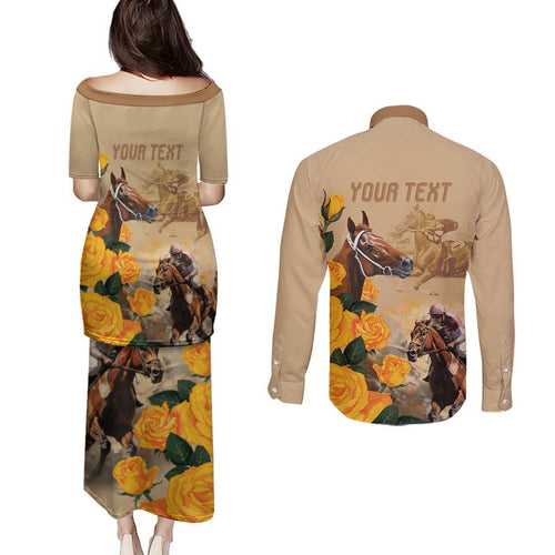 Personalised Melbourne Horse Racing Couples Matching Puletasi and Long Sleeve Button Shirt Australia Wonder Horse