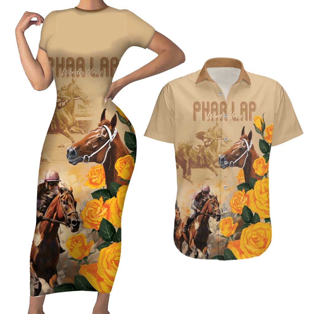Personalised Melbourne Horse Racing Couples Matching Short Sleeve Bodycon Dress and Hawaiian Shirt Australia Wonder Horse