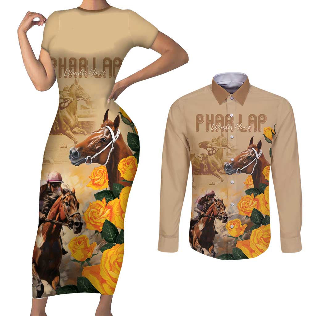 Personalised Melbourne Horse Racing Couples Matching Short Sleeve Bodycon Dress and Long Sleeve Button Shirt Australia Wonder Horse