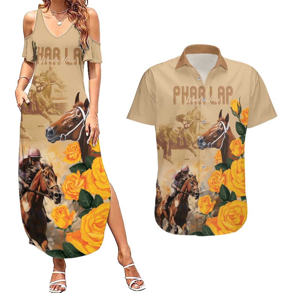 Personalised Melbourne Horse Racing Couples Matching Summer Maxi Dress and Hawaiian Shirt Australia Wonder Horse
