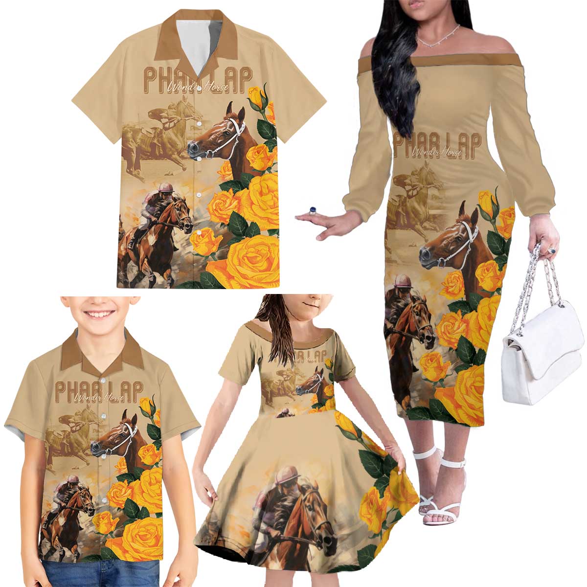 Personalised Melbourne Horse Racing Family Matching Off The Shoulder Long Sleeve Dress and Hawaiian Shirt Australia Wonder Horse