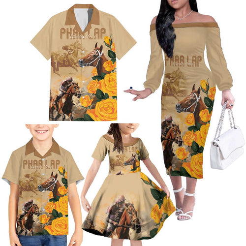 Personalised Melbourne Horse Racing Family Matching Off The Shoulder Long Sleeve Dress and Hawaiian Shirt Australia Wonder Horse