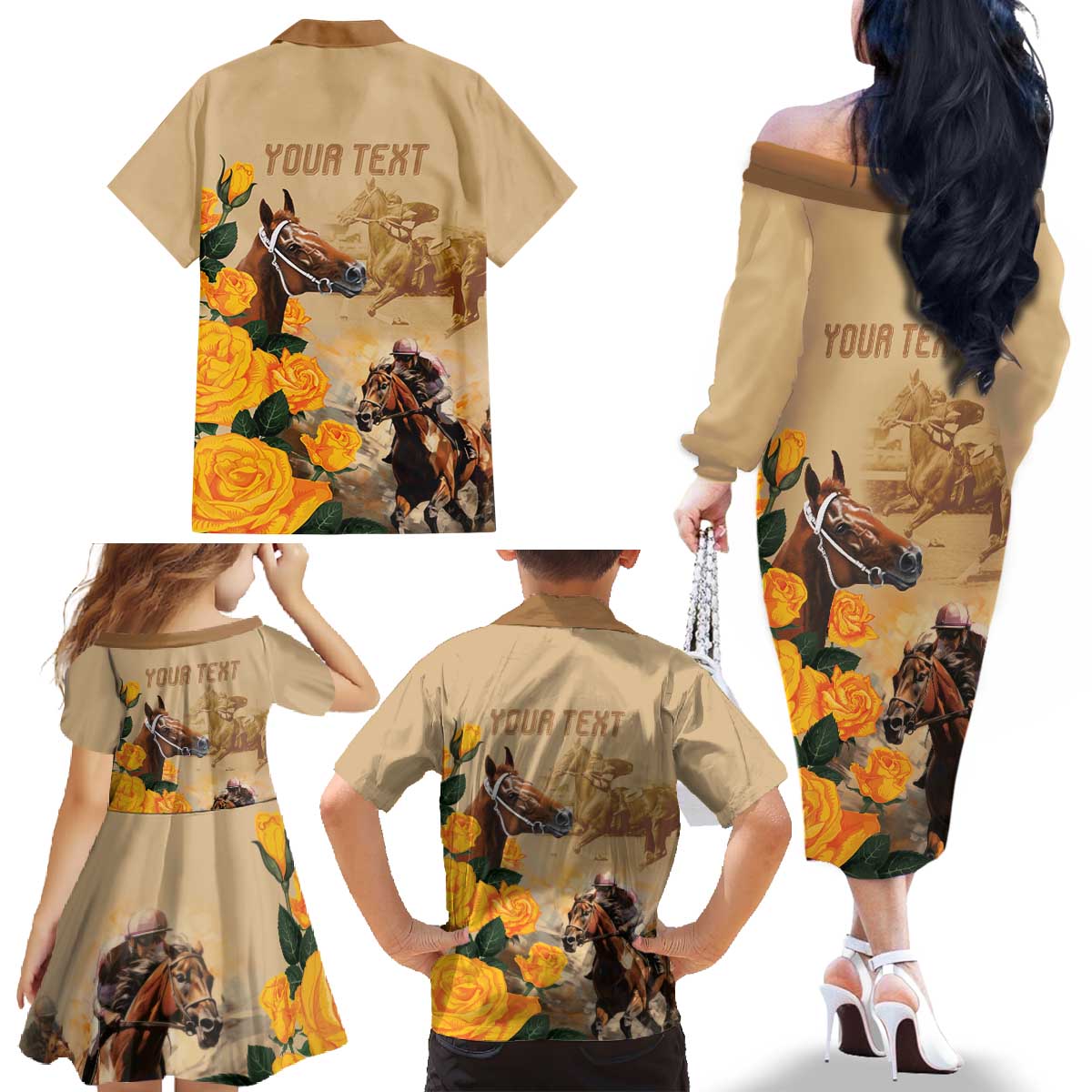 Personalised Melbourne Horse Racing Family Matching Off The Shoulder Long Sleeve Dress and Hawaiian Shirt Australia Wonder Horse