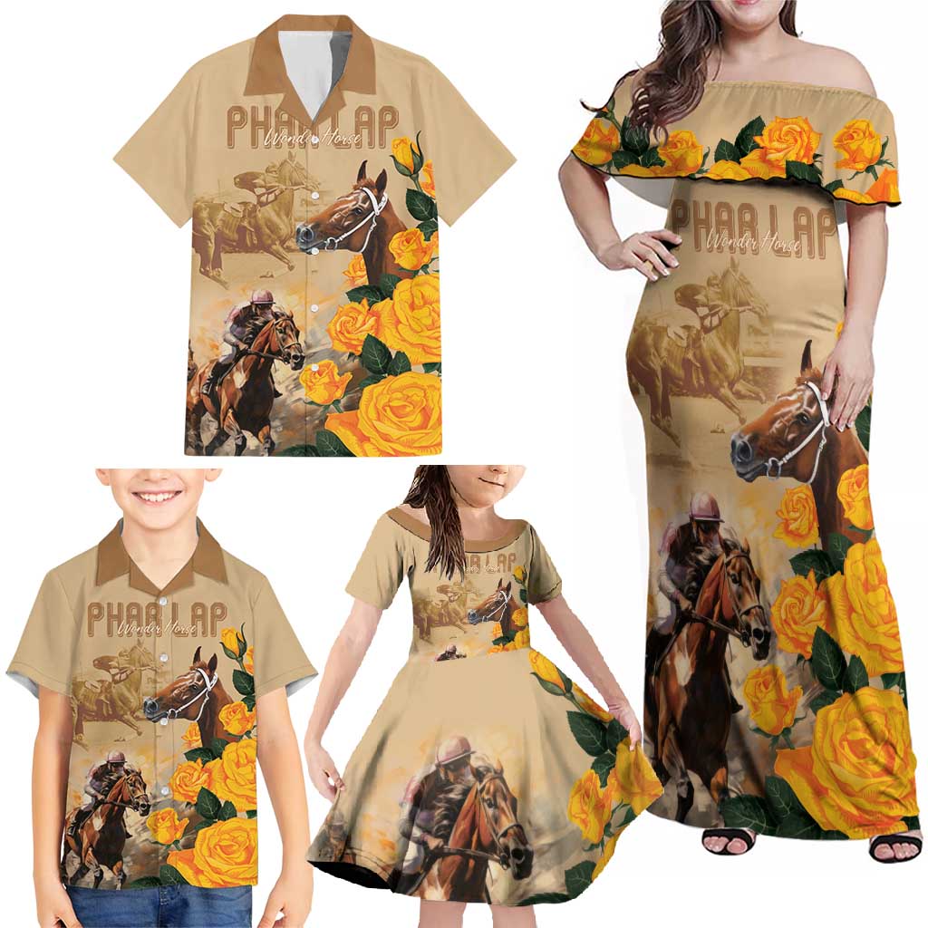 Personalised Melbourne Horse Racing Family Matching Off Shoulder Maxi Dress and Hawaiian Shirt Australia Wonder Horse