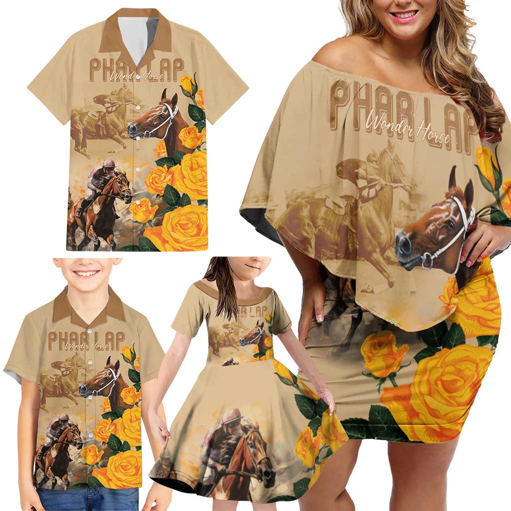 Personalised Melbourne Horse Racing Family Matching Off Shoulder Short Dress and Hawaiian Shirt Australia Wonder Horse