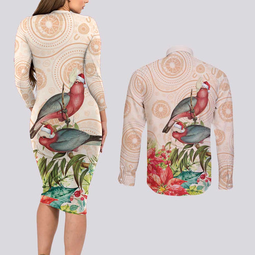Merry Christmas Aussie Aboriginal Couples Matching Long Sleeve Bodycon Dress and Long Sleeve Button Shirt Rosebreasted Cockatoo Pastel - Aussie Hoodie