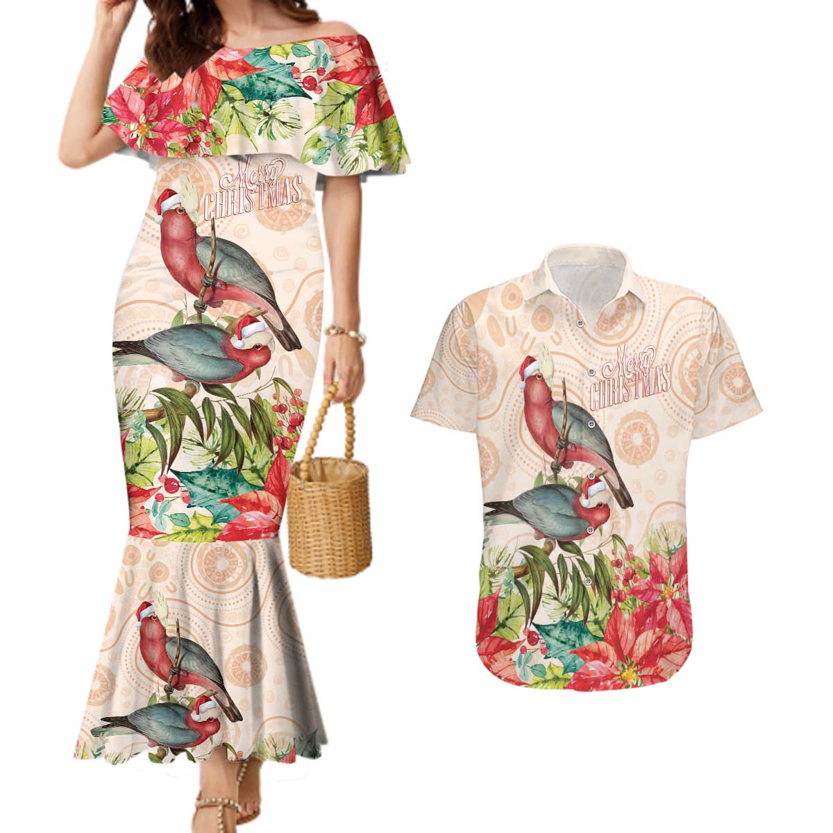 Merry Christmas Aussie Aboriginal Couples Matching Mermaid Dress and Hawaiian Shirt Rosebreasted Cockatoo Pastel - Aussie Hoodie