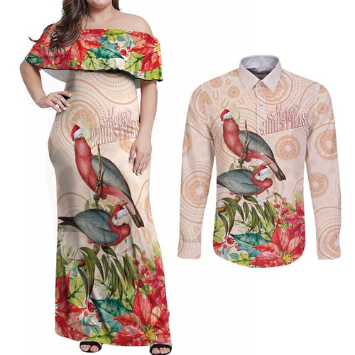 Merry Christmas Aussie Aboriginal Couples Matching Off Shoulder Maxi Dress and Long Sleeve Button Shirt Rosebreasted Cockatoo Pastel - Aussie Hoodie