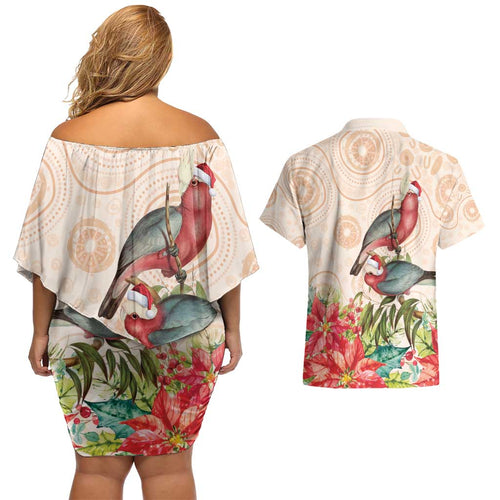 Merry Christmas Aussie Aboriginal Couples Matching Off Shoulder Short Dress and Hawaiian Shirt Rosebreasted Cockatoo Pastel - Aussie Hoodie