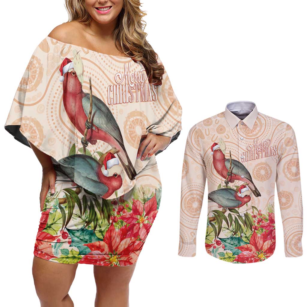 Merry Christmas Aussie Aboriginal Couples Matching Off Shoulder Short Dress and Long Sleeve Button Shirt Rosebreasted Cockatoo Pastel - Aussie Hoodie