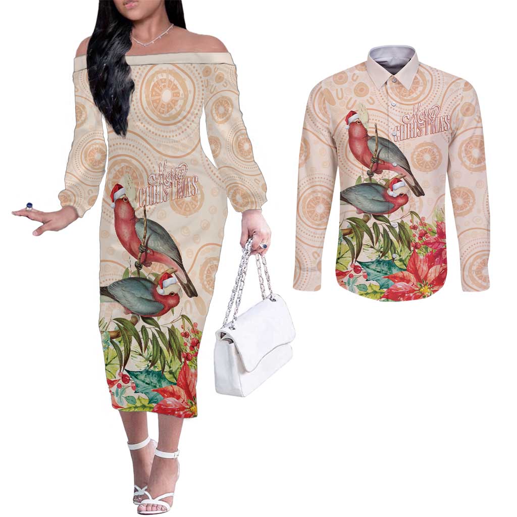 Merry Christmas Aussie Aboriginal Couples Matching Off The Shoulder Long Sleeve Dress and Long Sleeve Button Shirt Rosebreasted Cockatoo Pastel - Aussie Hoodie
