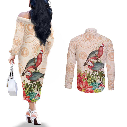 Merry Christmas Aussie Aboriginal Couples Matching Off The Shoulder Long Sleeve Dress and Long Sleeve Button Shirt Rosebreasted Cockatoo Pastel - Aussie Hoodie