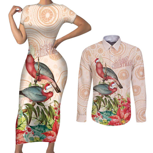 Merry Christmas Aussie Aboriginal Couples Matching Short Sleeve Bodycon Dress and Long Sleeve Button Shirt Rosebreasted Cockatoo Pastel - Aussie Hoodie