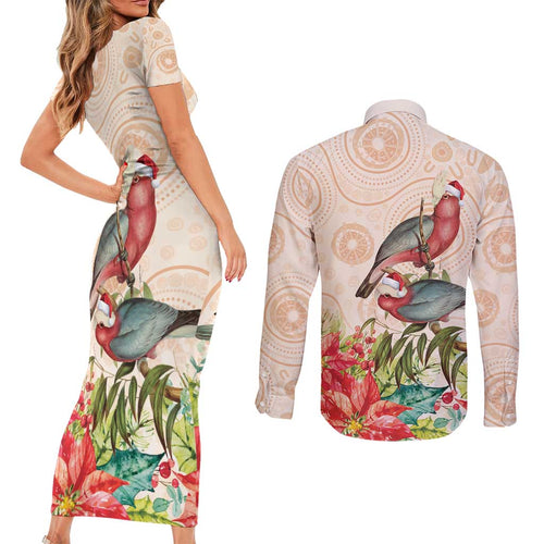 Merry Christmas Aussie Aboriginal Couples Matching Short Sleeve Bodycon Dress and Long Sleeve Button Shirt Rosebreasted Cockatoo Pastel - Aussie Hoodie