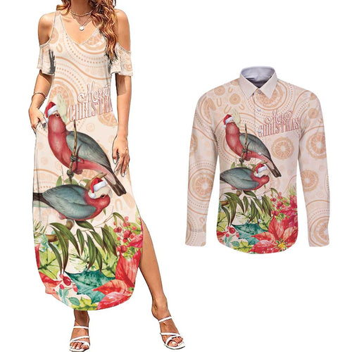 Merry Christmas Aussie Aboriginal Couples Matching Summer Maxi Dress and Long Sleeve Button Shirt Rosebreasted Cockatoo Pastel - Aussie Hoodie