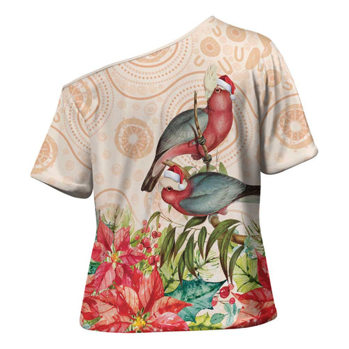 Merry Christmas Aussie Aboriginal Cross Shoulder Shirt Rosebreasted Cockatoo Pastel - Aussie Hoodie