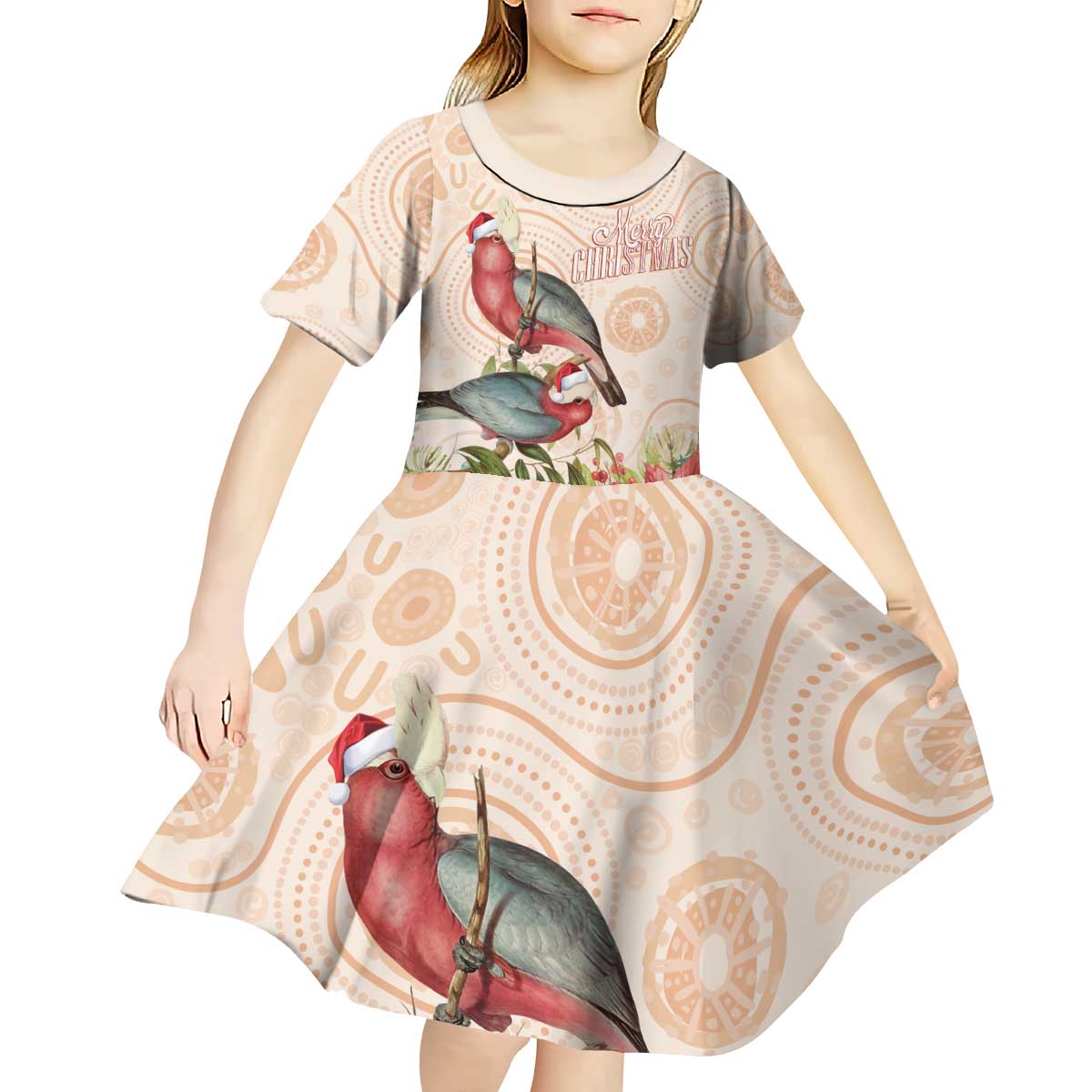 Merry Christmas Aussie Aboriginal Kid Short Sleeve Dress Rosebreasted Cockatoo Pastel - Aussie Hoodie