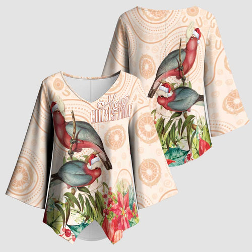 Merry Christmas Aussie Aboriginal Kimono Sleeve Blouse Rosebreasted Cockatoo Pastel - Aussie Hoodie