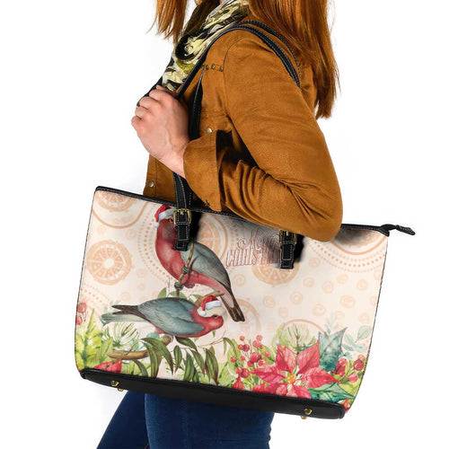 Merry Christmas Aussie Aboriginal Leather Tote Bag Rosebreasted Cockatoo Pastel - Aussie Hoodie