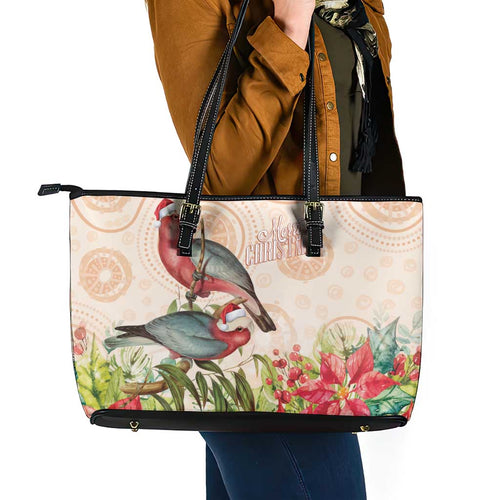 Merry Christmas Aussie Aboriginal Leather Tote Bag Rosebreasted Cockatoo Pastel - Aussie Hoodie