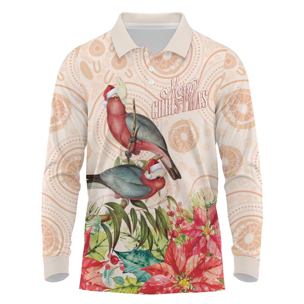 Merry Christmas Aussie Aboriginal Long Sleeve Polo Shirt Rosebreasted Cockatoo Pastel - Aussie Hoodie